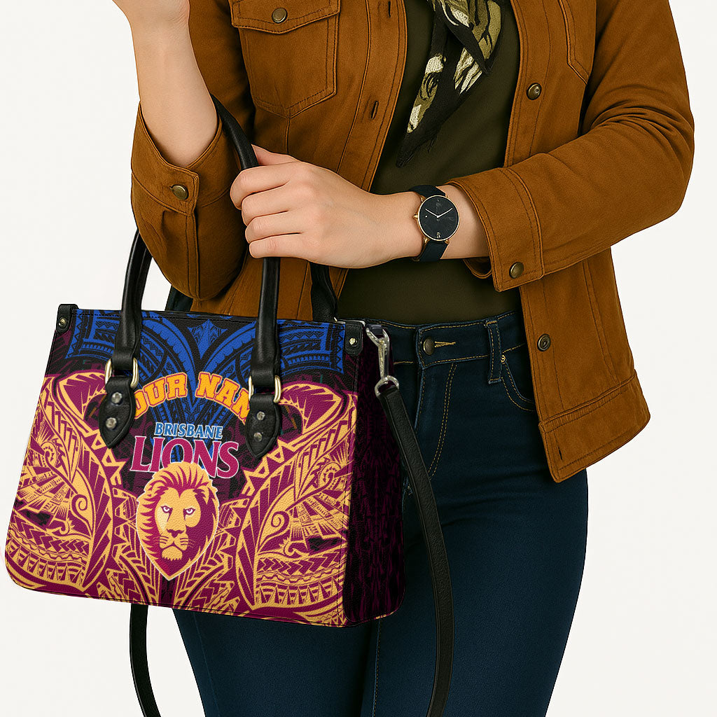 Personalized Brisbane Lions Leather Bag Polynesian Tribal Lion Burgundy Gold Warrior