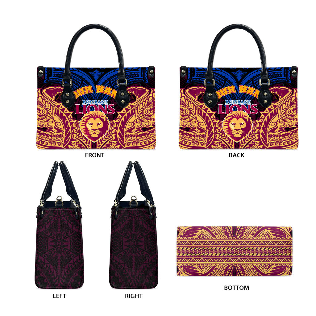 Personalized Brisbane Lions Leather Bag Polynesian Tribal Lion Burgundy Gold Warrior
