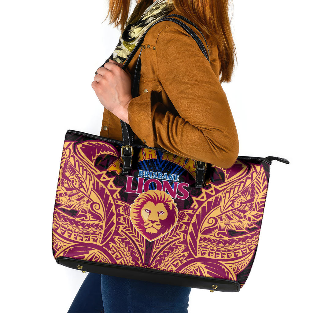 Personalized Brisbane Lions Leather Tote Bag Polynesian Tribal Lion Burgundy Gold Warrior