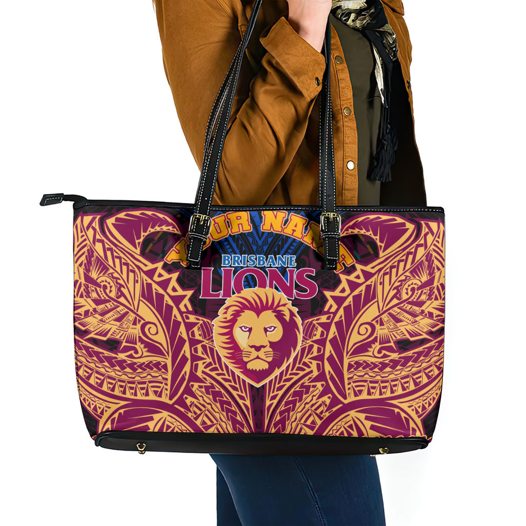 Personalized Brisbane Lions Leather Tote Bag Polynesian Tribal Lion Burgundy Gold Warrior