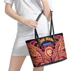 Personalized Brisbane Lions Leather Tote Bag Polynesian Tribal Lion Burgundy Gold Warrior