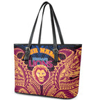 Personalized Brisbane Lions Leather Tote Bag Polynesian Tribal Lion Burgundy Gold Warrior