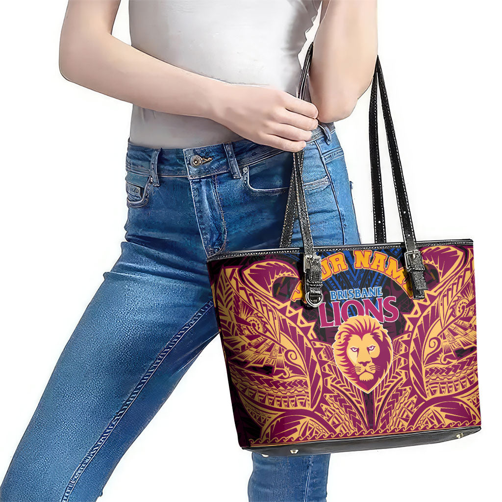 Personalized Brisbane Lions Leather Tote Bag Polynesian Tribal Lion Burgundy Gold Warrior