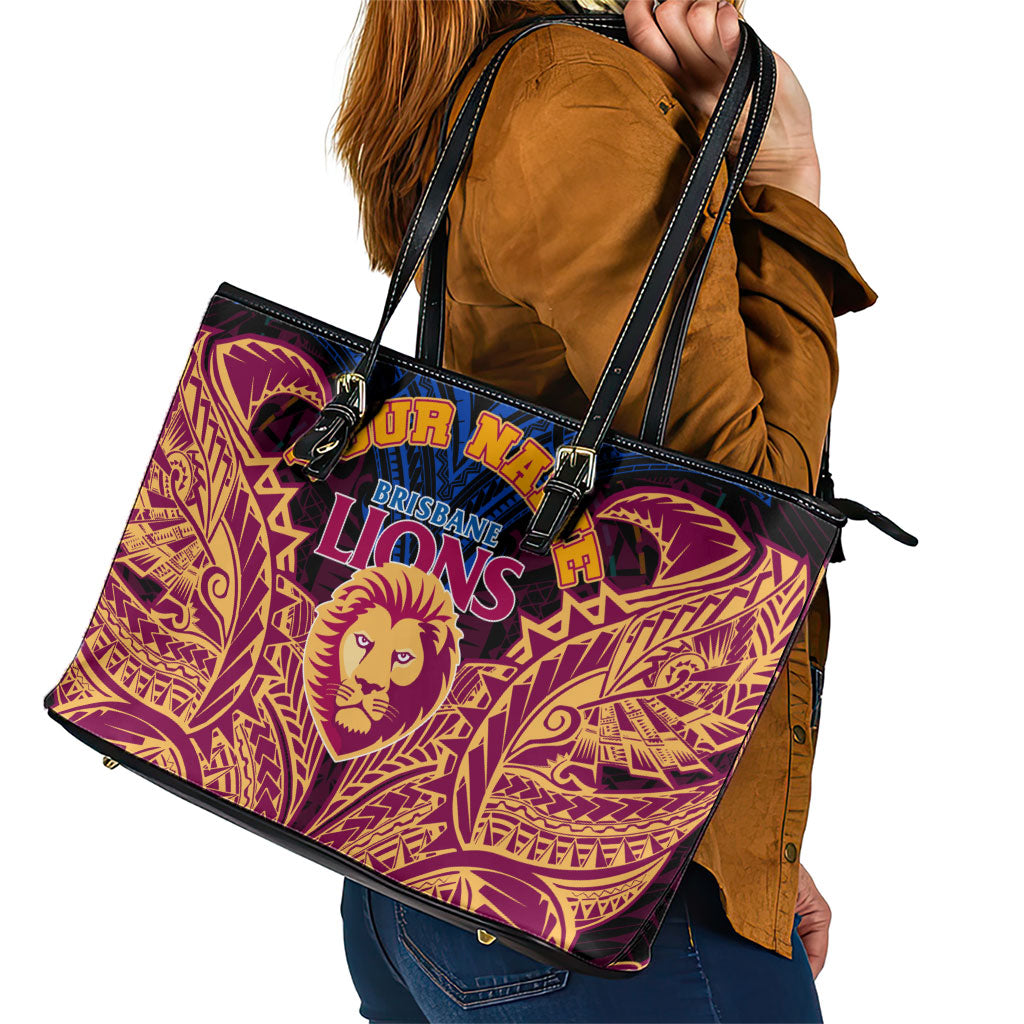 Personalized Brisbane Lions Leather Tote Bag Polynesian Tribal Lion Burgundy Gold Warrior