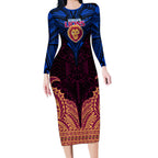 Personalized Brisbane Lions Long Sleeve Bodycon Dress Polynesian Tribal Lion Burgundy Gold Warrior