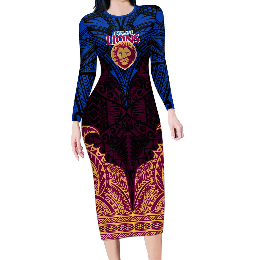 Personalized Brisbane Lions Long Sleeve Bodycon Dress Polynesian Tribal Lion Burgundy Gold Warrior