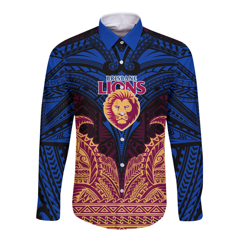 Personalized Brisbane Lions Long Sleeve Button Shirt Polynesian Tribal Lion Burgundy Gold Warrior