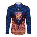 Personalized Brisbane Lions Long Sleeve Button Shirt Polynesian Tribal Lion Burgundy Gold Warrior