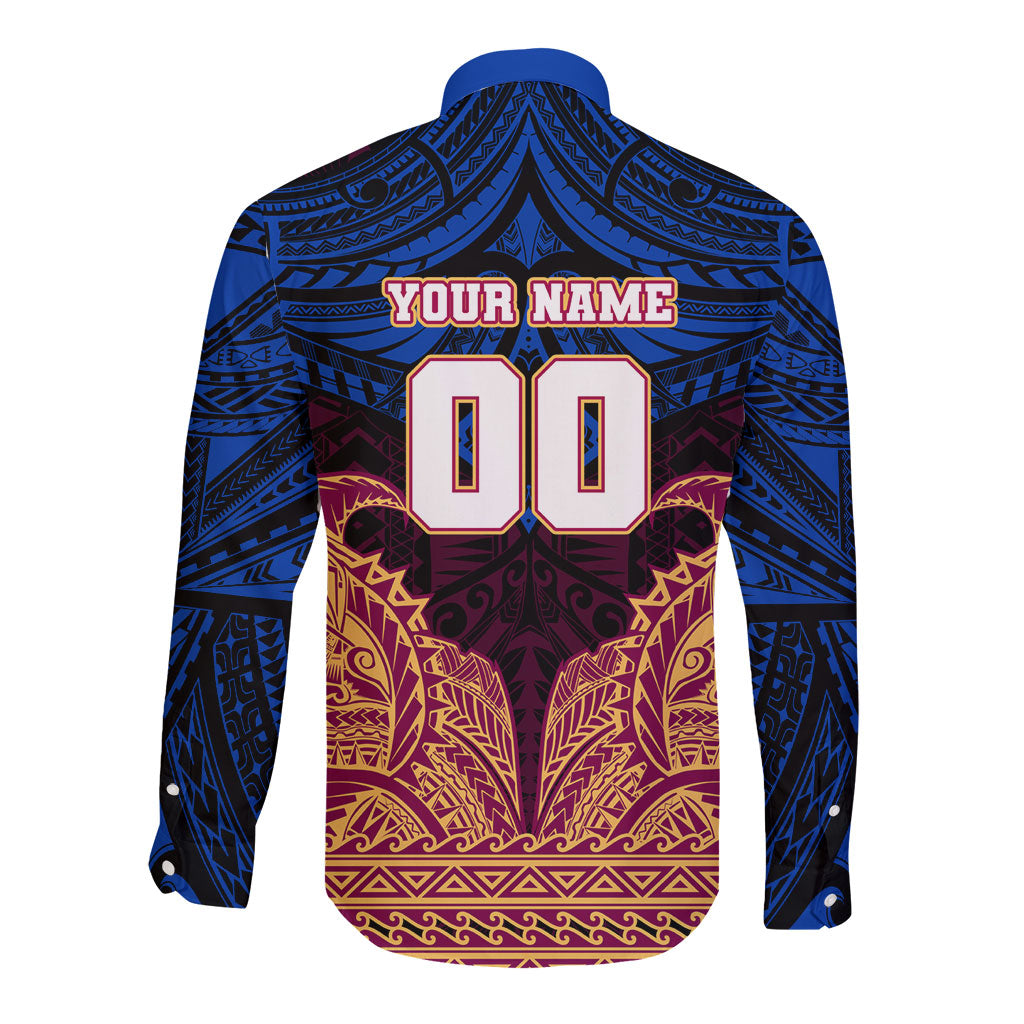 Personalized Brisbane Lions Long Sleeve Button Shirt Polynesian Tribal Lion Burgundy Gold Warrior