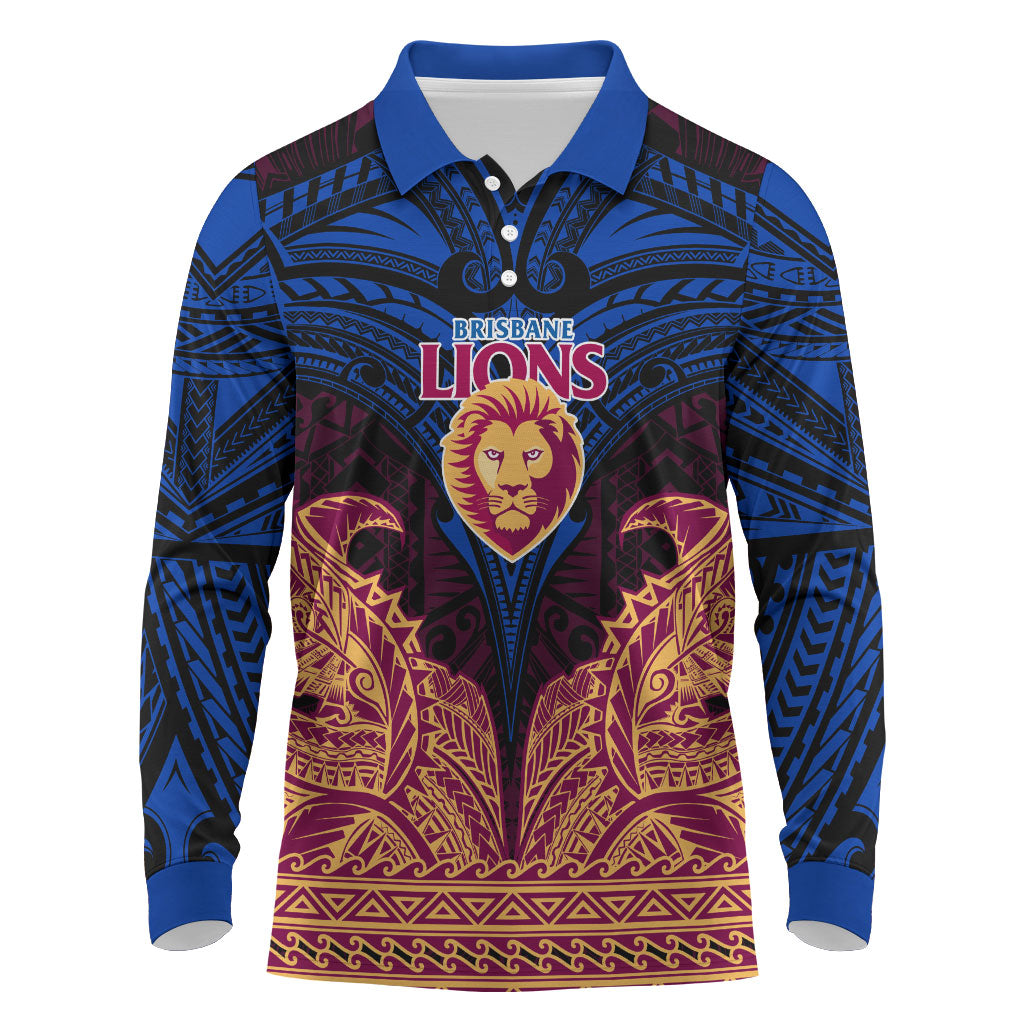 Personalized Brisbane Lions Long Sleeve Polo Shirt Polynesian Tribal Lion Burgundy Gold Warrior