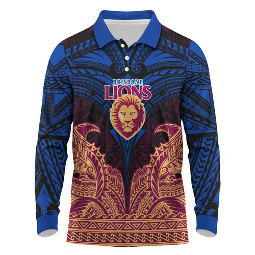 Personalized Brisbane Lions Long Sleeve Polo Shirt Polynesian Tribal Lion Burgundy Gold Warrior