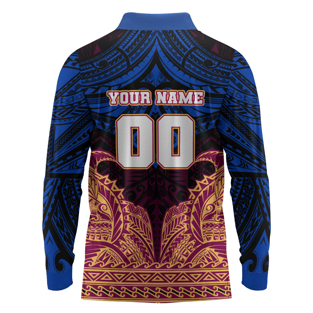 Personalized Brisbane Lions Long Sleeve Polo Shirt Polynesian Tribal Lion Burgundy Gold Warrior