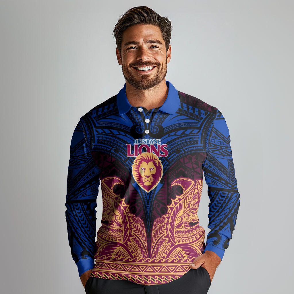 Personalized Brisbane Lions Long Sleeve Polo Shirt Polynesian Tribal Lion Burgundy Gold Warrior