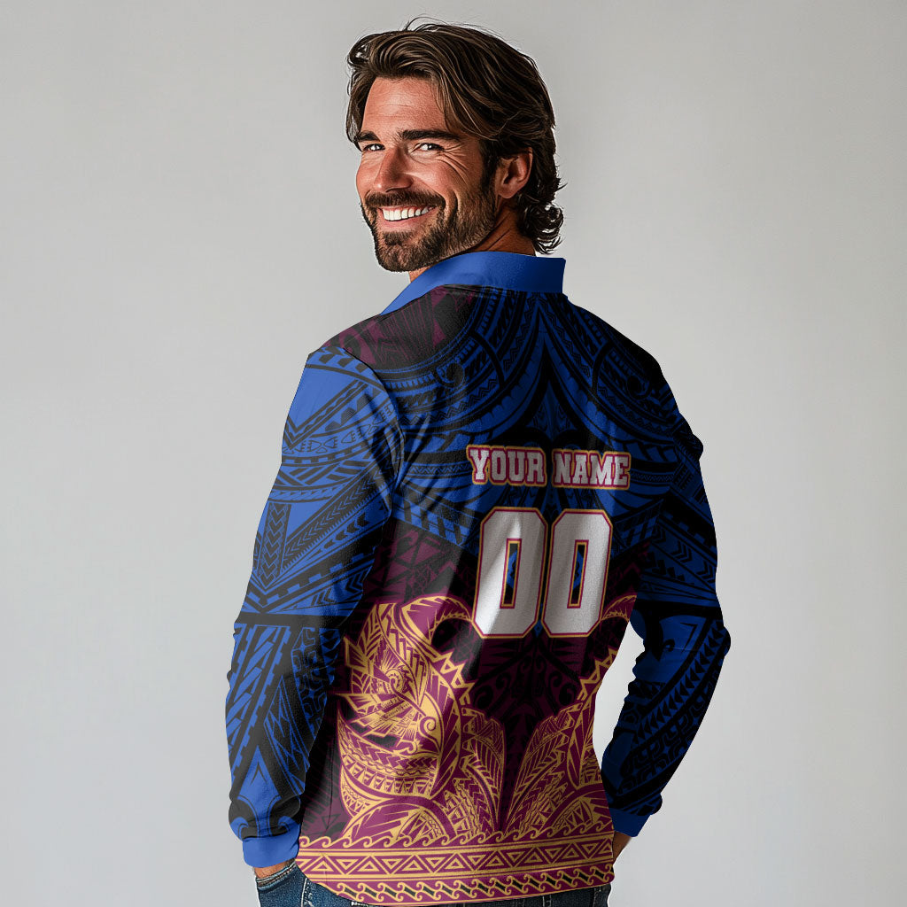 Personalized Brisbane Lions Long Sleeve Polo Shirt Polynesian Tribal Lion Burgundy Gold Warrior