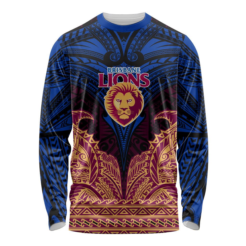 Personalized Brisbane Lions Long Sleeve Shirt Polynesian Tribal Lion Burgundy Gold Warrior