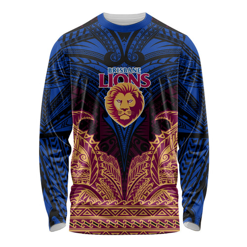 Personalized Brisbane Lions Long Sleeve Shirt Polynesian Tribal Lion Burgundy Gold Warrior