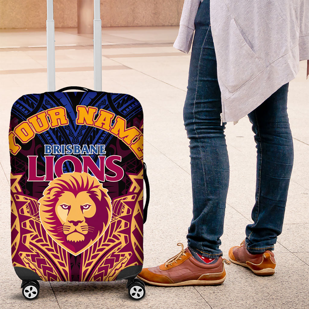 Personalized Brisbane Lions Luggage Cover Polynesian Tribal Lion Burgundy Gold Warrior