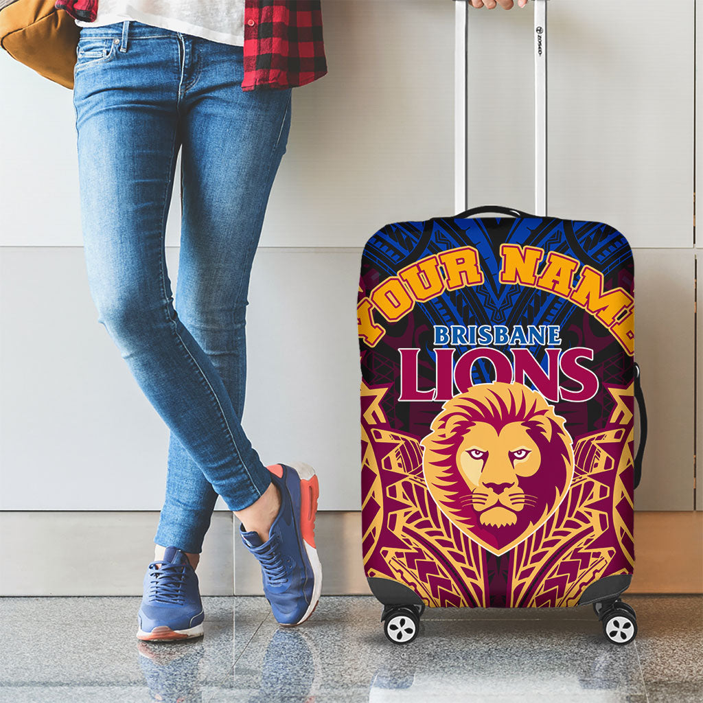 Personalized Brisbane Lions Luggage Cover Polynesian Tribal Lion Burgundy Gold Warrior