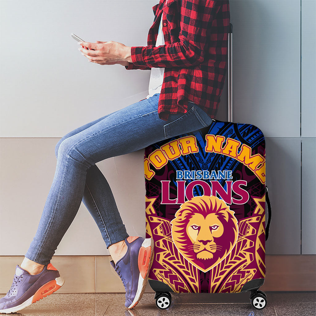 Personalized Brisbane Lions Luggage Cover Polynesian Tribal Lion Burgundy Gold Warrior
