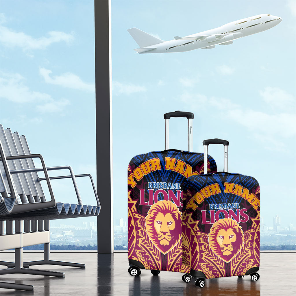 Personalized Brisbane Lions Luggage Cover Polynesian Tribal Lion Burgundy Gold Warrior