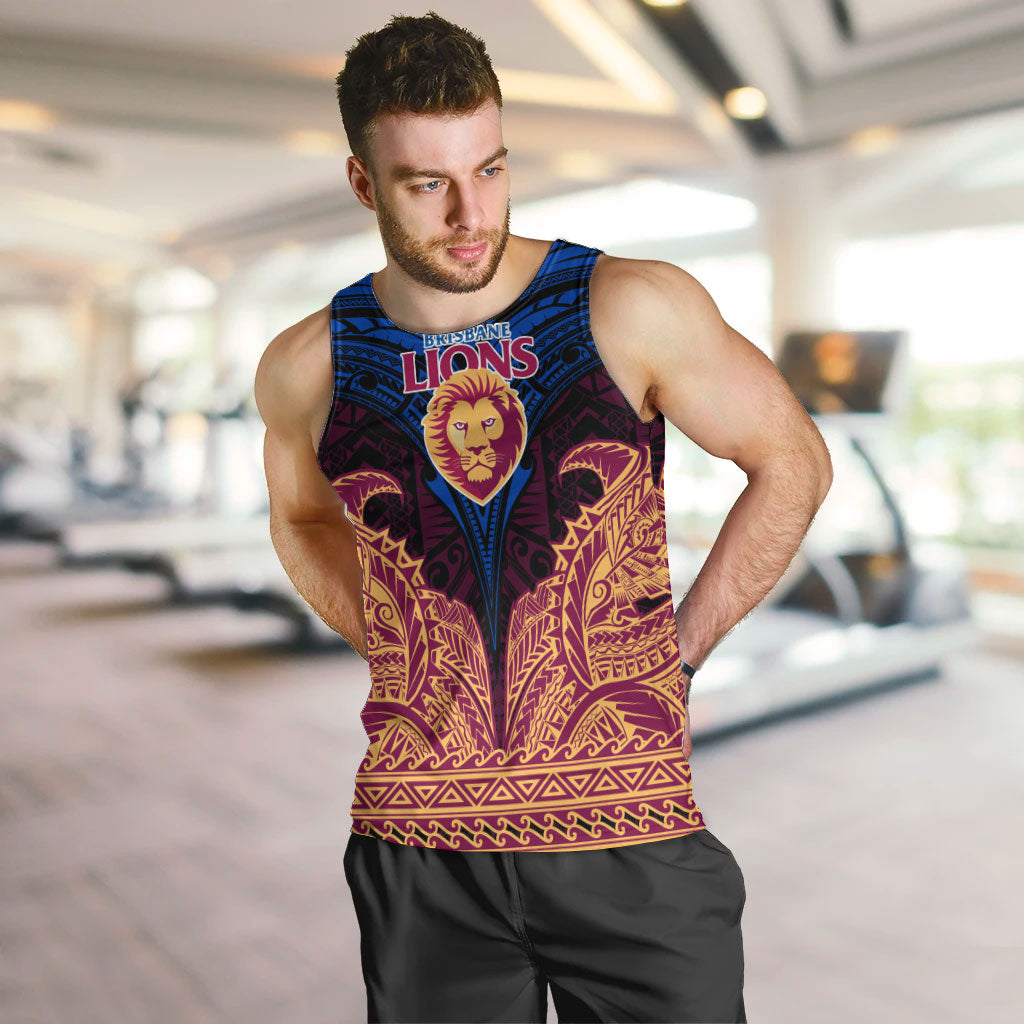 Personalized Brisbane Lions Men Tank Top Polynesian Tribal Lion Burgundy Gold Warrior