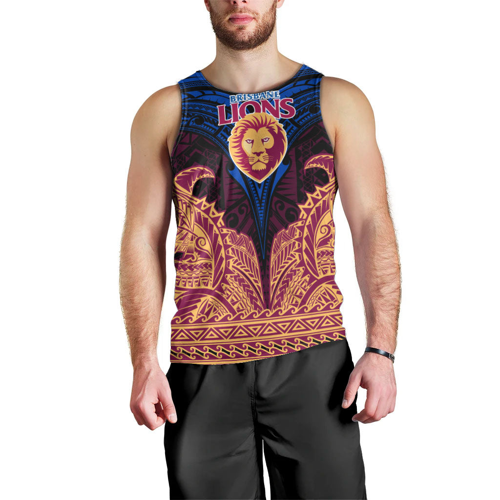 Personalized Brisbane Lions Men Tank Top Polynesian Tribal Lion Burgundy Gold Warrior