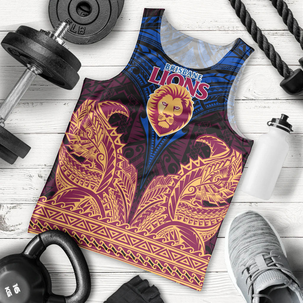 Personalized Brisbane Lions Men Tank Top Polynesian Tribal Lion Burgundy Gold Warrior