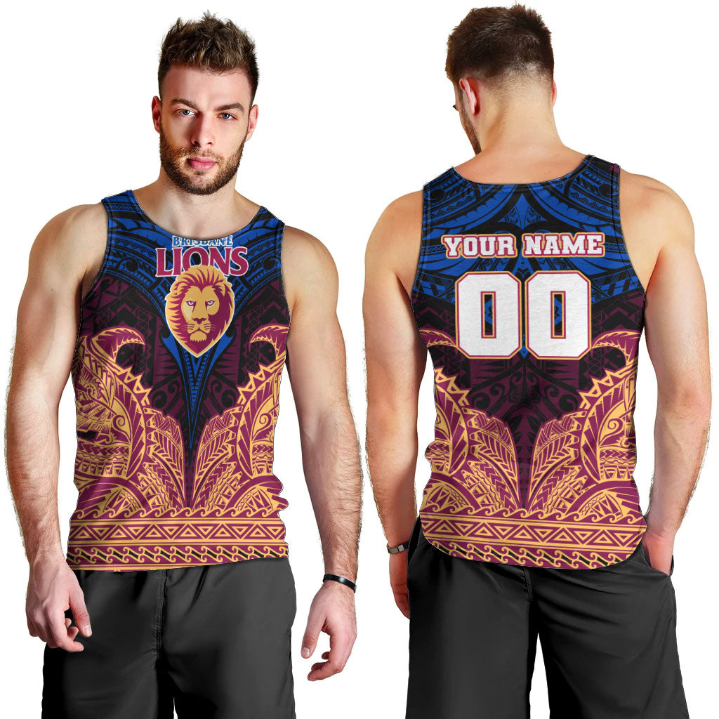 Personalized Brisbane Lions Men Tank Top Polynesian Tribal Lion Burgundy Gold Warrior