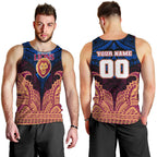 Personalized Brisbane Lions Men Tank Top Polynesian Tribal Lion Burgundy Gold Warrior