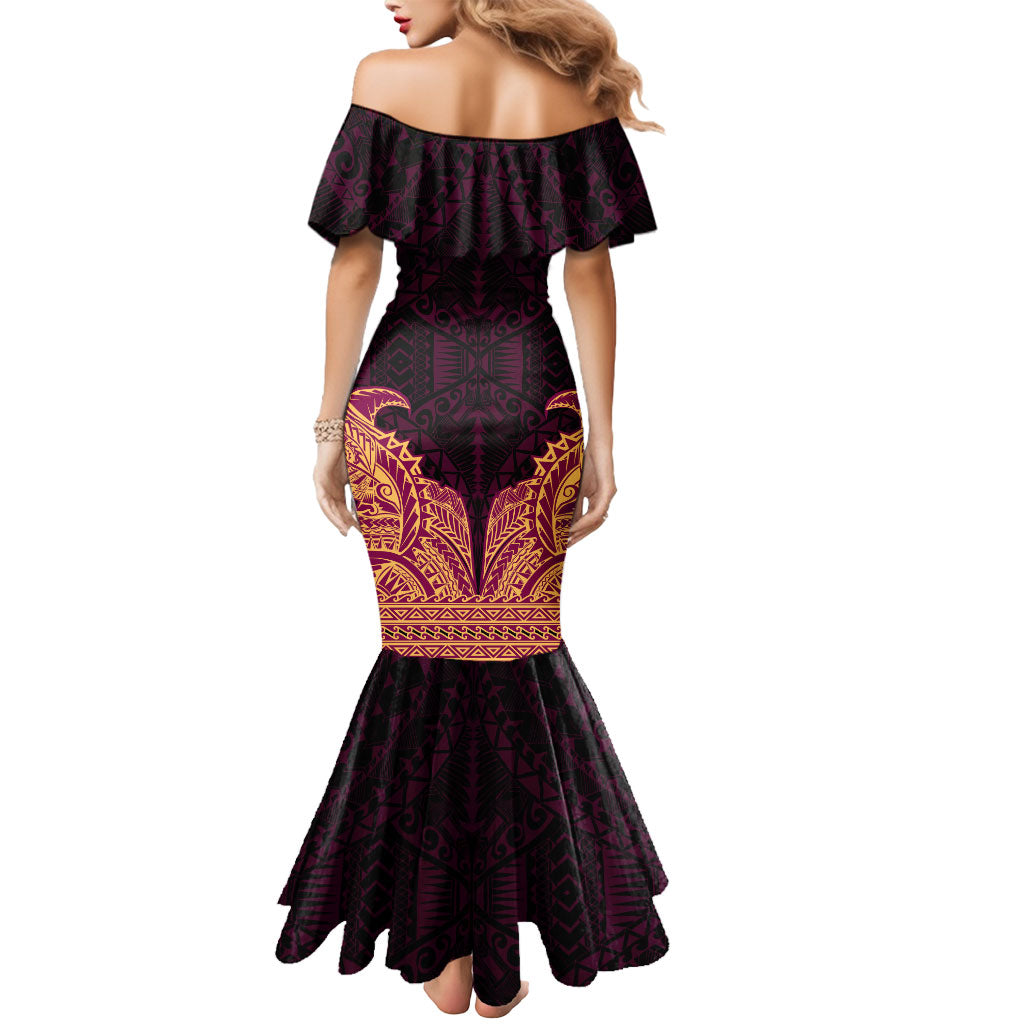 Personalized Brisbane Lions Mermaid Dress Polynesian Tribal Lion Burgundy Gold Warrior