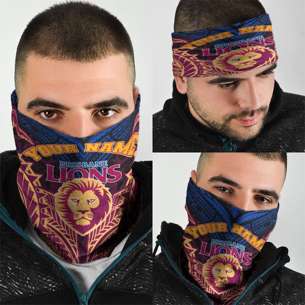 Personalized Brisbane Lions Neck Gaiter Polynesian Tribal Lion Burgundy Gold Warrior