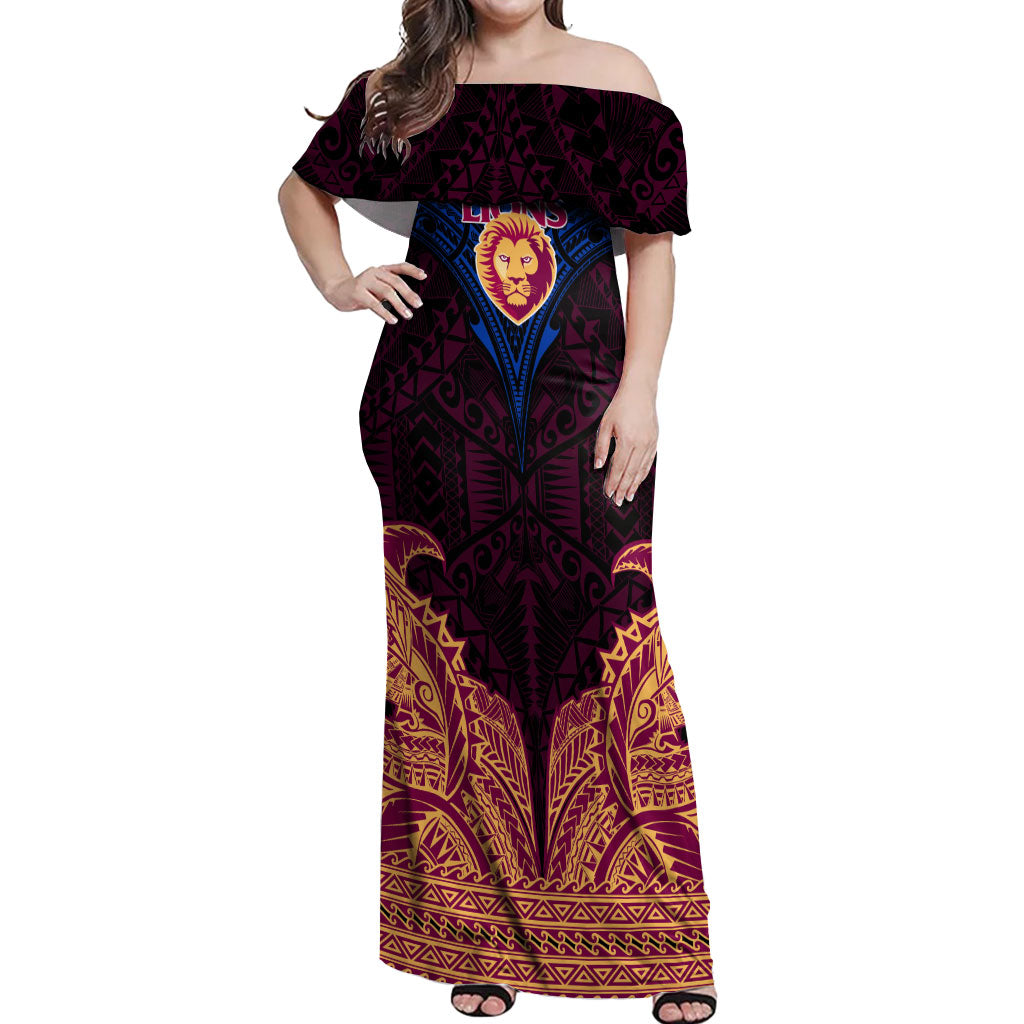 Personalized Brisbane Lions Off Shoulder Maxi Dress Polynesian Tribal Lion Burgundy Gold Warrior