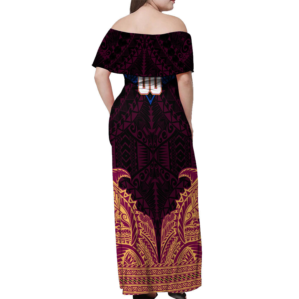Personalized Brisbane Lions Off Shoulder Maxi Dress Polynesian Tribal Lion Burgundy Gold Warrior