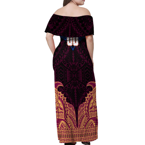 Personalized Brisbane Lions Off Shoulder Maxi Dress Polynesian Tribal Lion Burgundy Gold Warrior