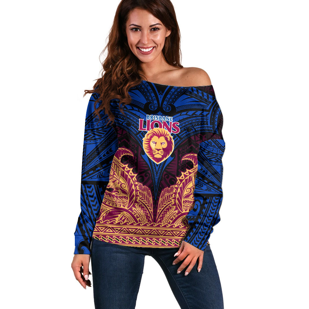Personalized Brisbane Lions Off Shoulder Sweater Polynesian Tribal Lion Burgundy Gold Warrior