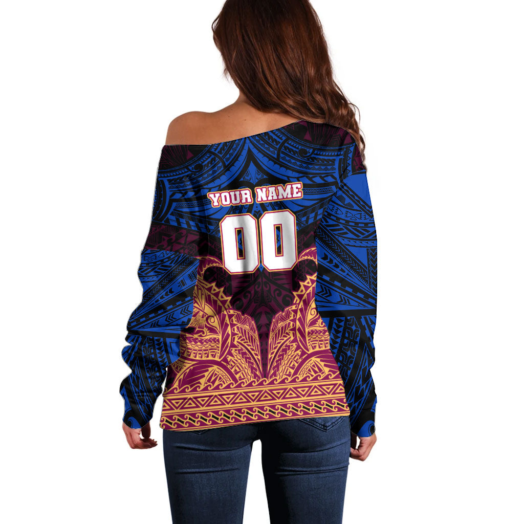 Personalized Brisbane Lions Off Shoulder Sweater Polynesian Tribal Lion Burgundy Gold Warrior