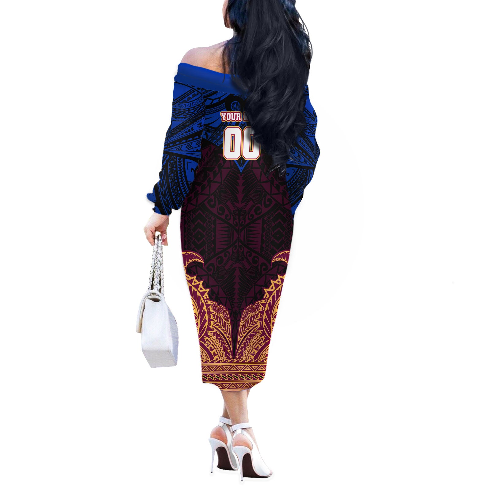 Personalized Brisbane Lions Off The Shoulder Long Sleeve Dress Polynesian Tribal Lion Burgundy Gold Warrior