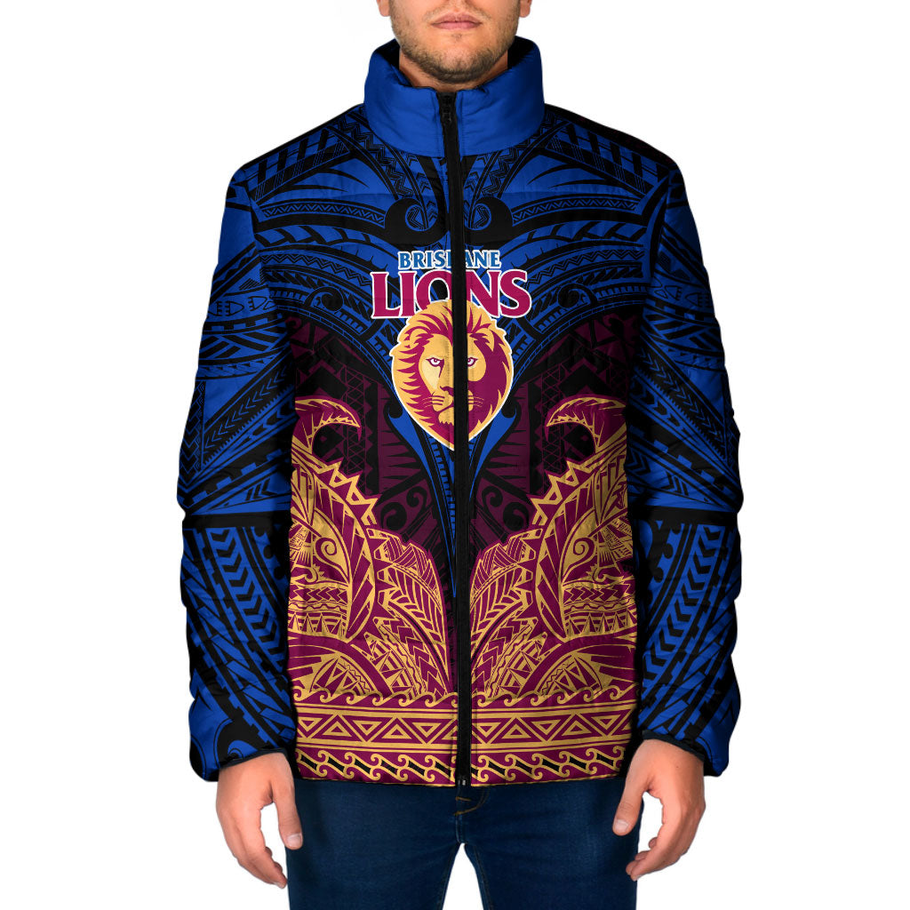 Personalized Brisbane Lions Padded Jacket Polynesian Tribal Lion Burgundy Gold Warrior
