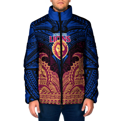 Personalized Brisbane Lions Padded Jacket Polynesian Tribal Lion Burgundy Gold Warrior