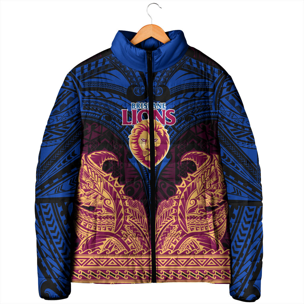 Personalized Brisbane Lions Padded Jacket Polynesian Tribal Lion Burgundy Gold Warrior