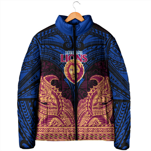 Personalized Brisbane Lions Padded Jacket Polynesian Tribal Lion Burgundy Gold Warrior