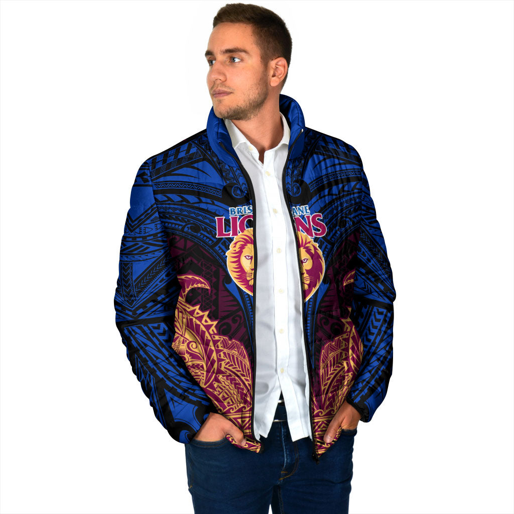 Personalized Brisbane Lions Padded Jacket Polynesian Tribal Lion Burgundy Gold Warrior