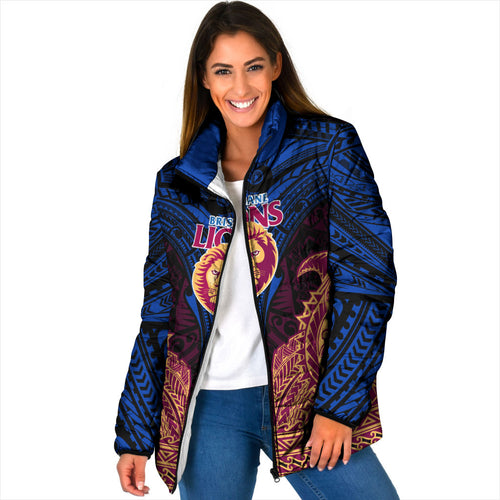 Personalized Brisbane Lions Padded Jacket Polynesian Tribal Lion Burgundy Gold Warrior