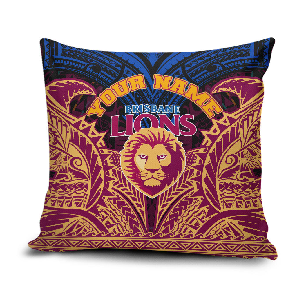 Personalized Brisbane Lions Pillow Cover Polynesian Tribal Lion Burgundy Gold Warrior