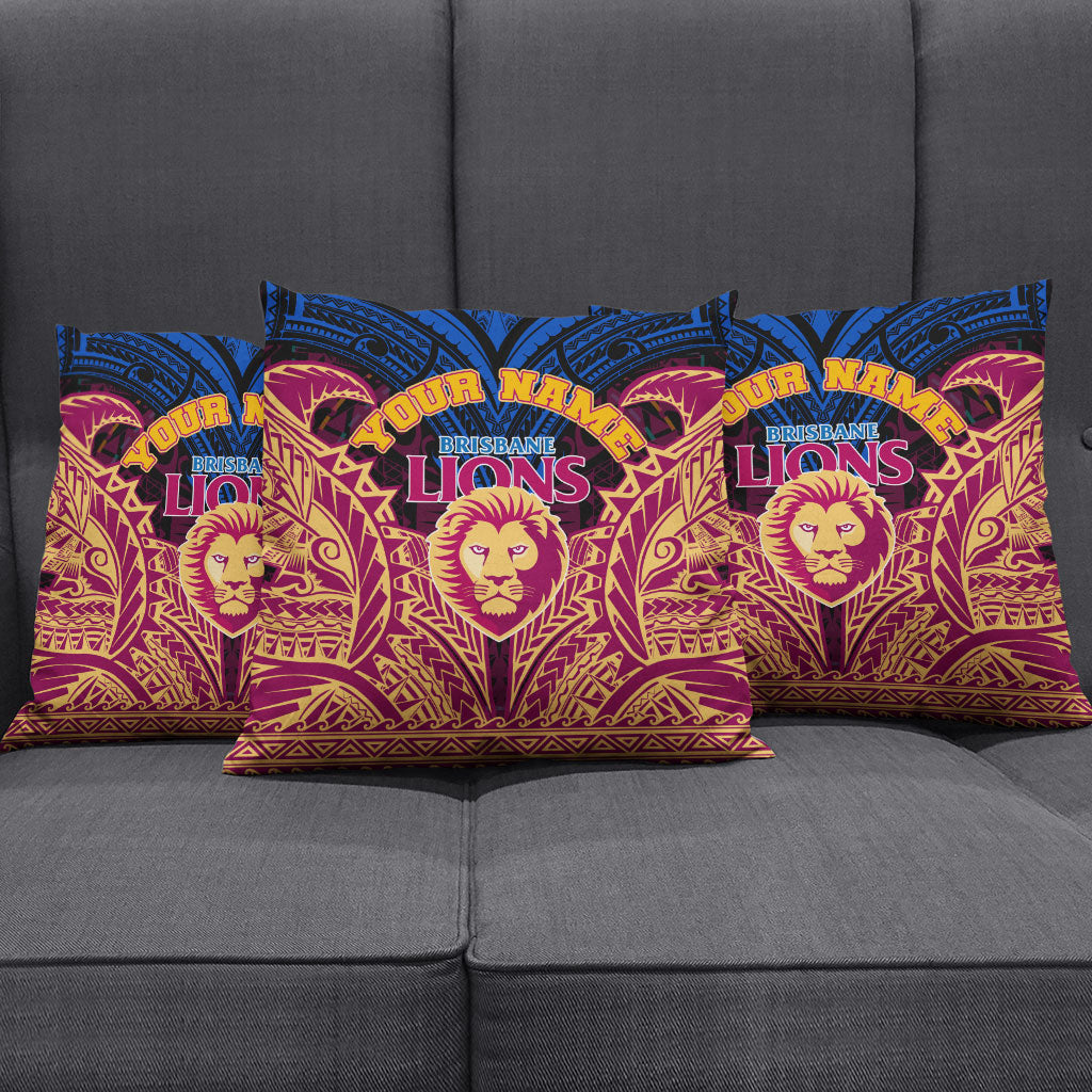 Personalized Brisbane Lions Pillow Cover Polynesian Tribal Lion Burgundy Gold Warrior