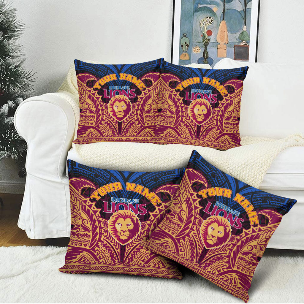 Personalized Brisbane Lions Pillow Cover Polynesian Tribal Lion Burgundy Gold Warrior