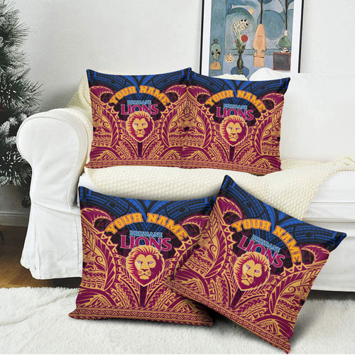 Personalized Brisbane Lions Pillow Cover Polynesian Tribal Lion Burgundy Gold Warrior