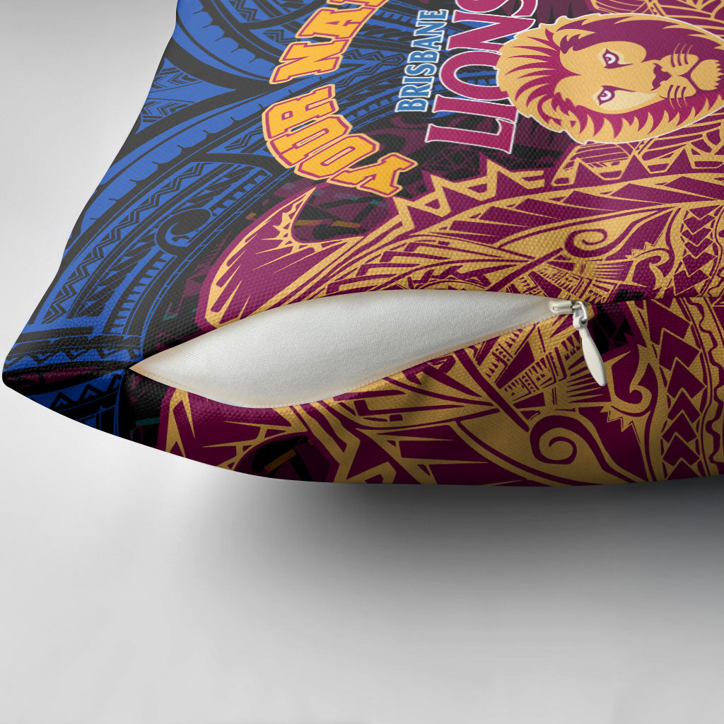 Personalized Brisbane Lions Pillow Cover Polynesian Tribal Lion Burgundy Gold Warrior