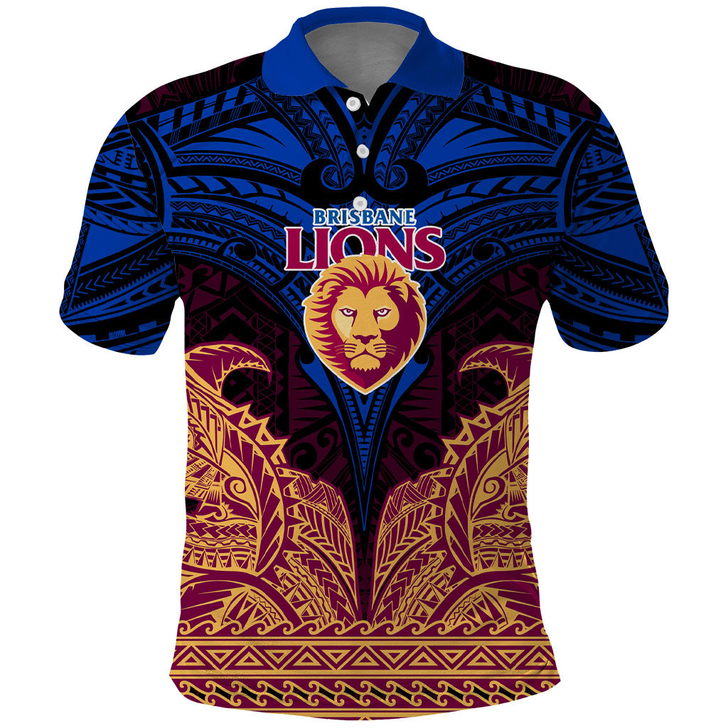 Personalized Brisbane Lions Polo Shirt Polynesian Tribal Lion Burgundy Gold Warrior