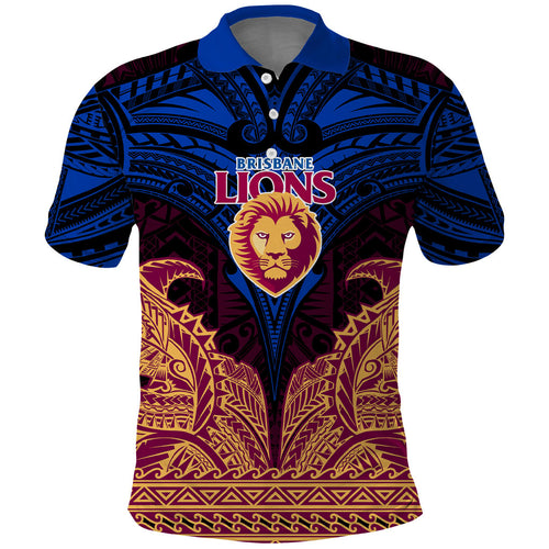 Personalized Brisbane Lions Polo Shirt Polynesian Tribal Lion Burgundy Gold Warrior